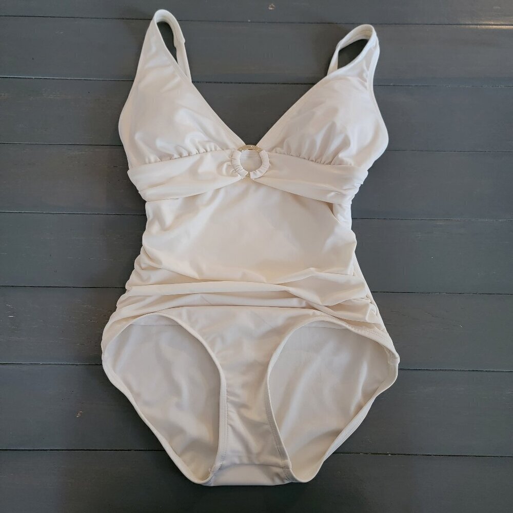 NWT Michael Kors Women's Gold Ring , Ruching One Piece Swimsuit in Bone Size 8